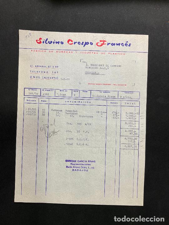 Brinquedos antigos: FACTURA DE JUGUETES. SILVINO CRESPO FRANCES. MU&Ntilde;ECAS Y JUGUETES. ONIL. ALICANTE. 1970