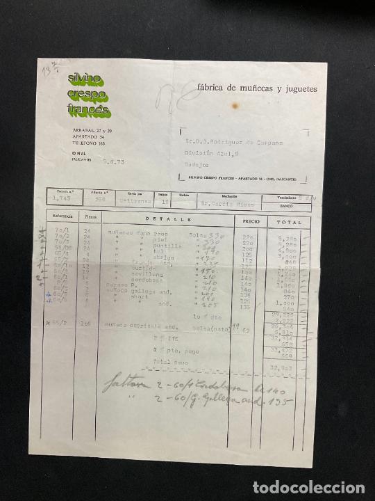Brinquedos antigos: FACTURA DE JUGUETES. SILVINO CRESPO FRANCES. MU&Ntilde;ECAS Y JUGUETES. ONIL. ALICANTE. 1973