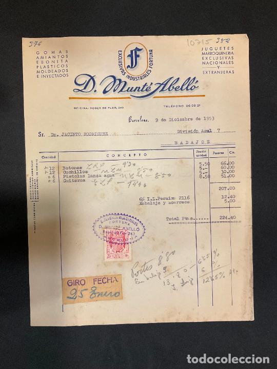 Brinquedos antigos: FACTURA DE JUGUETES. D. MUNTE ABELLO. EXCLUSIVAS INDUSTRIALES FORTUNA. BARCELONA 1953