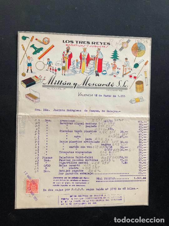 Brinquedos antigos: FACTURA DE JUGUETES. LOS TRES REYES. BARATIJAS JUGUETES. MILLAN Y MOSCARDO. VALENCIA 1955