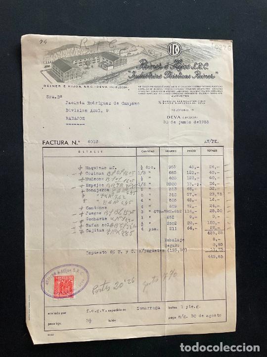Brinquedos antigos: FACTURA DE JUGUETES. REINER E HIJOS. GUIPUZCOA. DEVA. 1955. INDUSTRIAS PLASTICAS