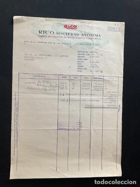 Brinquedos antigos: FACTURA DE JUGUETES. RICO SOCIEDAD ANONIMA. METAL, PLASTICO Y ELECTRICOS. IBI ALICANTE 1964