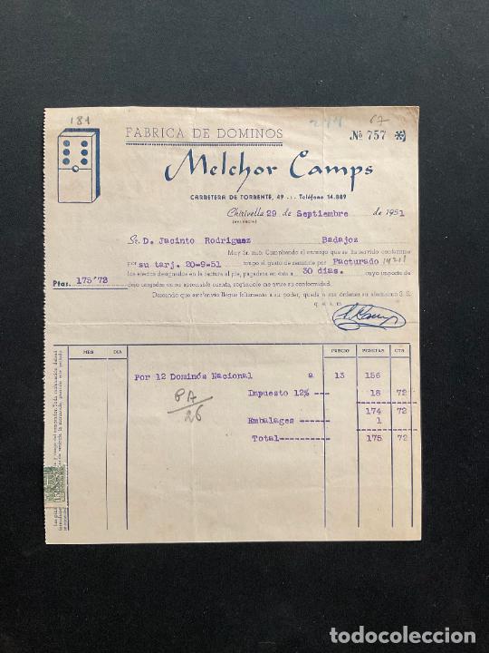 Brinquedos antigos: FACTURA DE JUGUETES. FABRICA DE DOMINOS. MELCHOR CAMPS. CHIRIVELLA. VALENCIA 1951