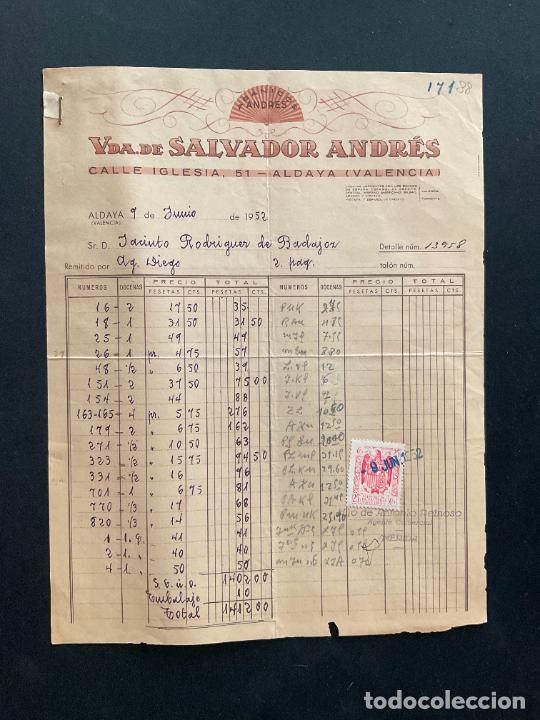 Brinquedos antigos: FACTURA DE JUGUETES. VIUDA DE SALVADOR ANDRES. ALDAYA. VALENCIA. 1952 ABANICOS ANDRES