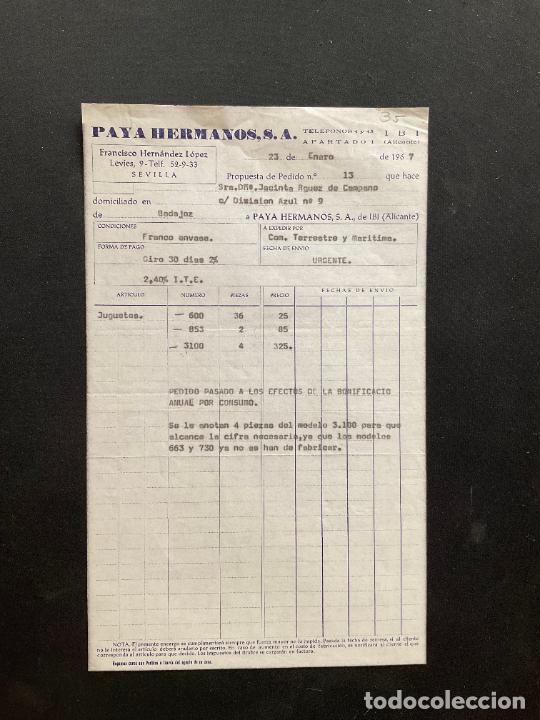Brinquedos antigos: FACTURA DE JUGUETES. PAYA HERMANOS. FREANCISCO HERNANDEZ LOPEZ SEVILLA. IBI. ALICANTE 1967