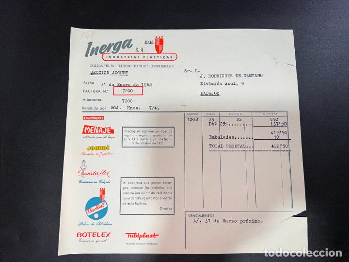Brinquedos antigos: FACTURA DE JUGUETES. INERGA, S.A. INDUSTRIAS PL&Aacute;STICAS. JUGUETES. BARCELONA, 1962
