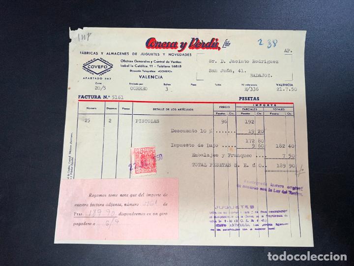 Brinquedos antigos: FACTURA DE JUGUETES. CONESA Y VERD&Uacute;. F&Aacute;BRICAS Y ALMACENES DE JUGUETES. VALENCIA, 1950