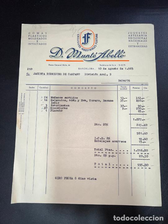 Brinquedos antigos: FACTURA DE JUGUETES. D. MUNT&Eacute; ABELL&Oacute;. EXCLUSIVAS INDUSTRIALES FORTUNA. BARCELONA, 1965