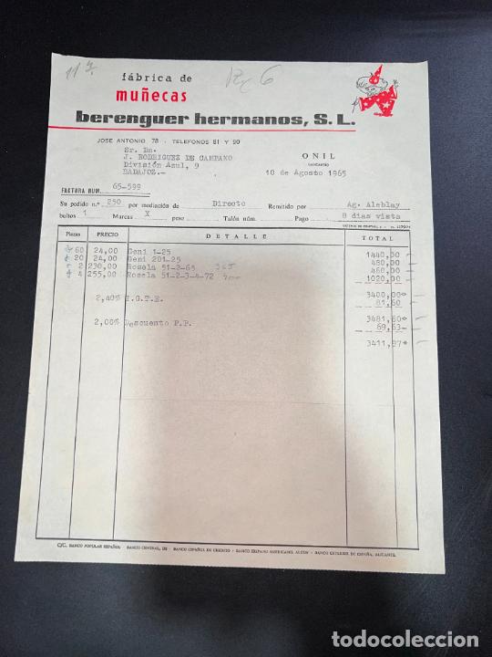 Brinquedos antigos: FACTURA DE JUGUETES. F&Aacute;BRICA DE MU&Ntilde;ECAS. BERENGUER HNOS., S.L. ONIL - ALICANTE, 1965