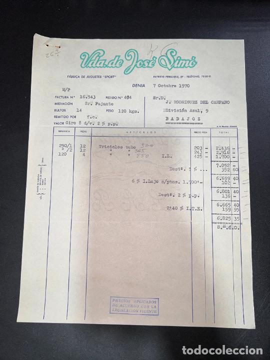 Brinquedos antigos: FACTURA DE JUGUETES. VDA. JOS&Eacute; SIM&Oacute;. F&Aacute;BRICA DE JUGUETES SPORT. DENIA - ALICANTE, 1970