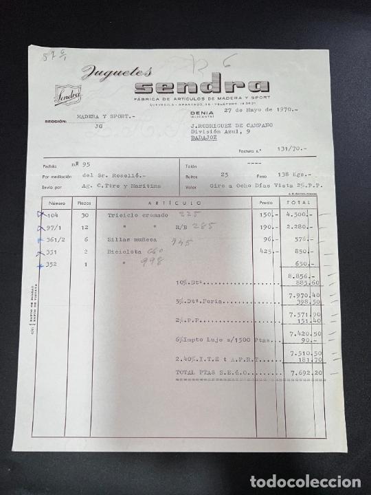 Brinquedos antigos: FACTURA DE JUGUETES. JUGUETES SENDRA. F&Aacute;BRICA DE ARTICULOS DE MADERA. DENIA - ALICANTE, 1970