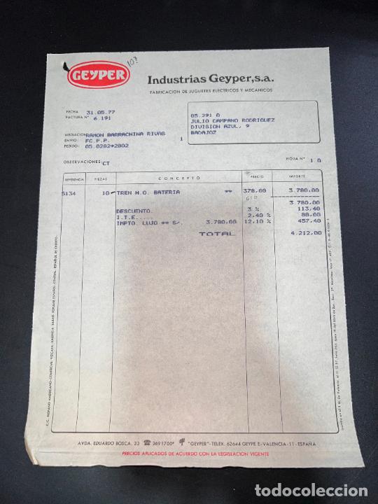 Brinquedos antigos: FACTURA DE JUGUETES. INDUSTRIAS GEYPER, S.A. FABRICACI&Oacute;N DE JUGUETES ELECTRICOS. VALENCIA, 1977