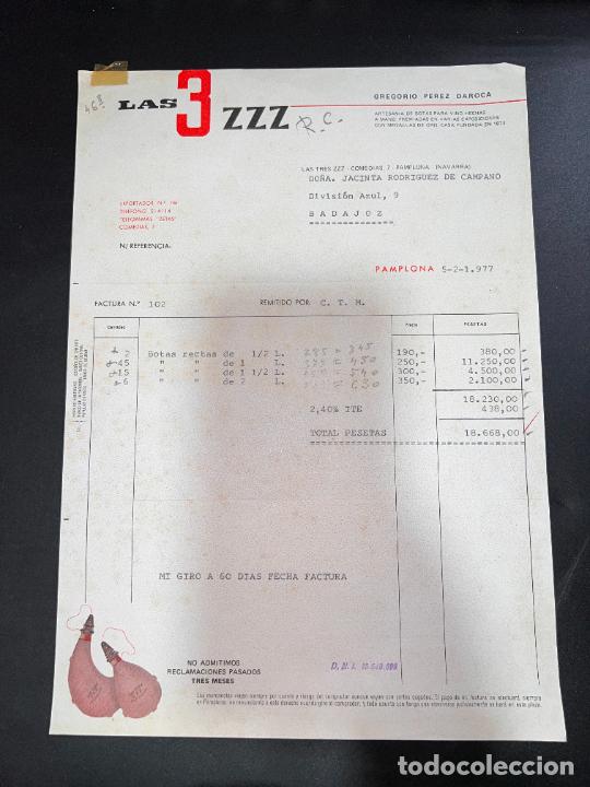 Brinquedos antigos: FACTURA. LAS 3 ZZZ. GREGORIO PEREZ DAROCA. ARTESANIA DE BOTAS PARA VINOS. PAMPLONA, 1977