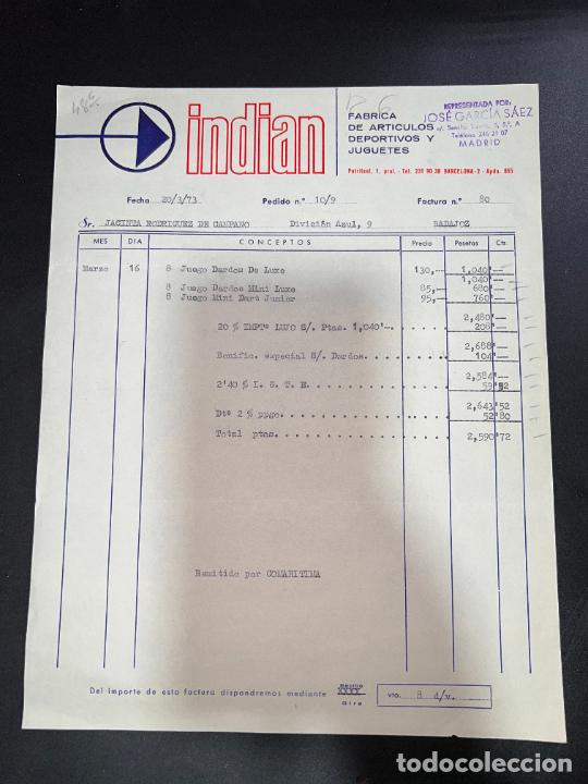 Brinquedos antigos: FACTURA DE JUGUETES. INDIAN. F&Aacute;BRICA DE ART&Iacute;CULOS DEPORTIVOS Y JUGUETES. BARCELONA, 1973