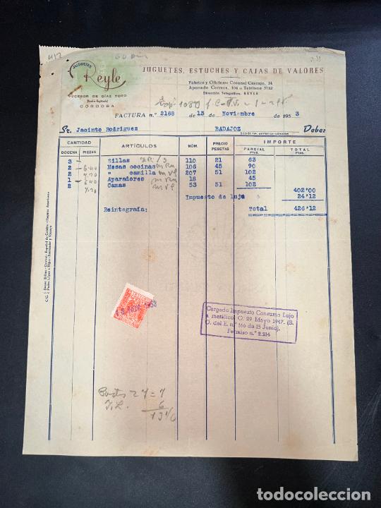 Brinquedos antigos: FACTURA DE JUGUETES. JUGUETES REYLE. JUGUETES, ESTUCHES Y CAJAS DE VALORES. C&Oacute;RDOBA, 1953