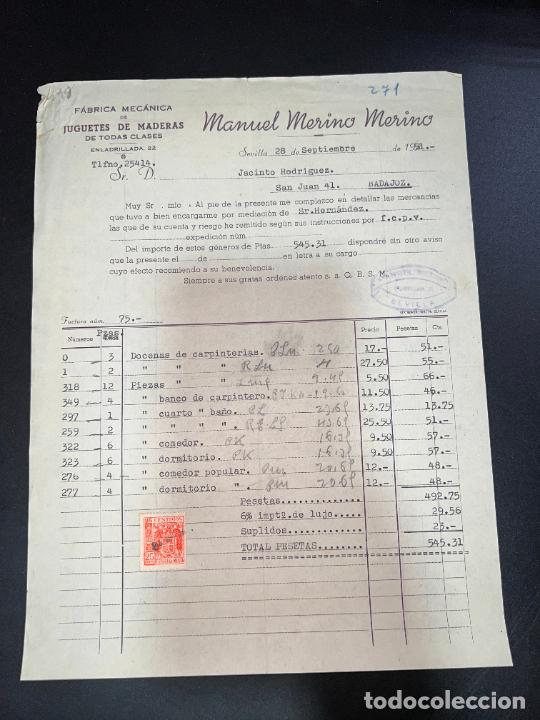 Brinquedos antigos: FACTURA DE JUGUETES. MANUEL MERINO MERINO. F&Aacute;BRICA MEC&Aacute;NICA DE JUGUETES DE MADERA. SEVILLA, 1951