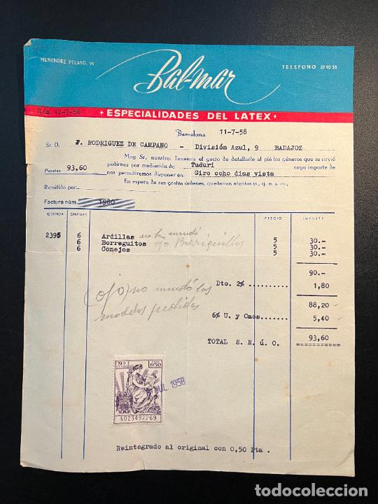 Brinquedos antigos: FACTURA DE JUGUETES. BAL-MAR ESPECIALIDADES DEL LATEX. BARCELONA, 1958.