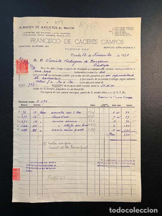 Brinquedos antigos: FACTURA DE JUGUETES. FRANCISCO DE CACERES CAMPOS. JUGUETES AL MAYOR. CORDOBA, 1958