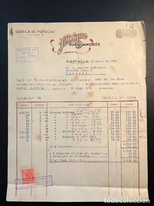 Jouets Anciens: FACTURA DE JUGUETES. ENRIQUE DURA AMOR&Oacute;S. F&Aacute;BRICA DE MU&Ntilde;ECAS. CASTALLA - ALICANTE, 1952
