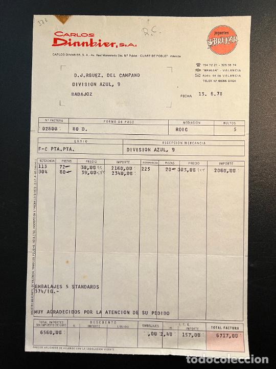 Brinquedos antigos: FACTURA DE JUGUETES. CARLOS DINNBIER, SL. JUGUETES BREKAR. CUART DE POBLET - VALENCIA, 1978