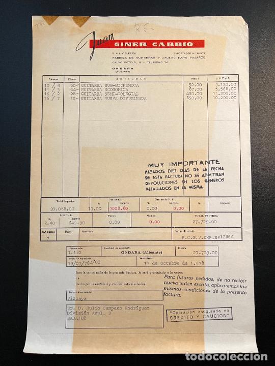 Brinquedos antigos: FACTURA DE JUGUETES. JUAN GINER CARRIO. FABRICA DE GUITARRAS Y JAULAS PARA PAJAROS. ONDARA, 1978