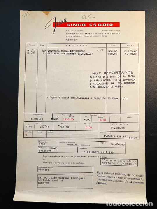 Brinquedos antigos: FACTURA DE JUGUETES. JUAN GINER CARRIO. FABRICA DE GUITARRAS Y JAULAS PARA PAJAROS. ONDARA, 1979