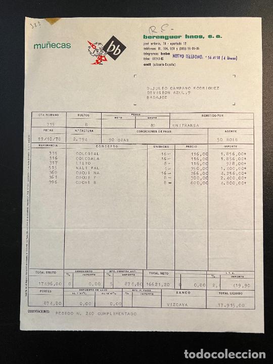 Brinquedos antigos: FACTURA DE JUGUETES. BERENGUER HNOS, SA. MU&Ntilde;ECAS. ONIL - ALICANTE, 1978