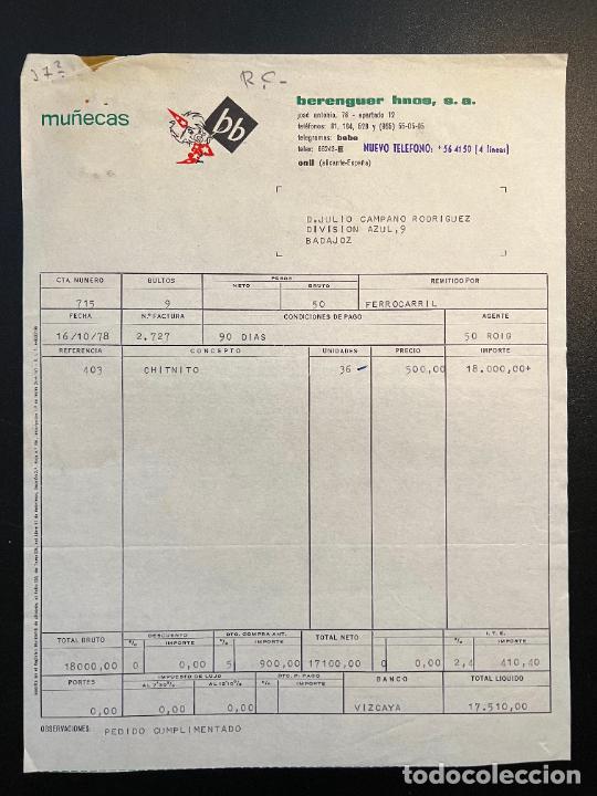Brinquedos antigos: FACTURA DE JUGUETES. BERENGUER HNOS, SA. MU&Ntilde;ECAS. ONIL - ALICANTE, 1978