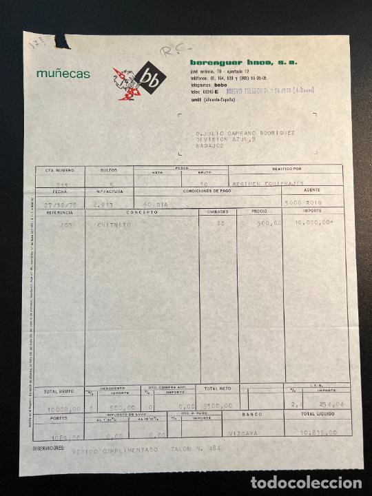 Brinquedos antigos: FACTURA DE JUGUETES. BERENGUER HNOS, SA. MU&Ntilde;ECAS. ONIL - ALICANTE, 1978