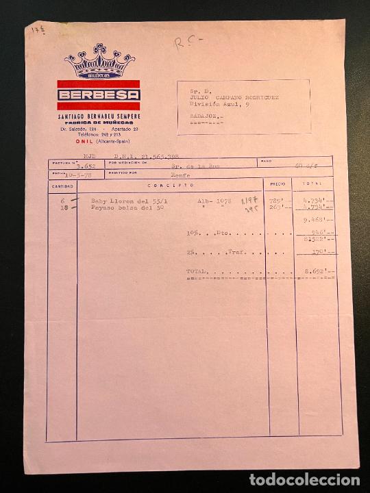 Jouets Anciens: FACTURA DE JUGUETES. BERBESA. SANTIAGO BERNABEU SEMPERE. FABRICA DE MU&Ntilde;ECAS. ONIL-ALICANTE, 1978