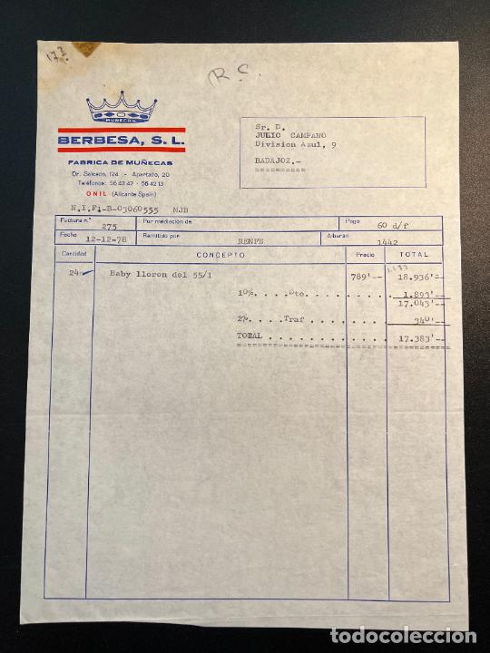 Jouets Anciens: FACTURA DE JUGUETES. BERBESA. SANTIAGO BERNABEU SEMPERE. FABRICA DE MU&Ntilde;ECAS. ONIL-ALICANTE, 1978