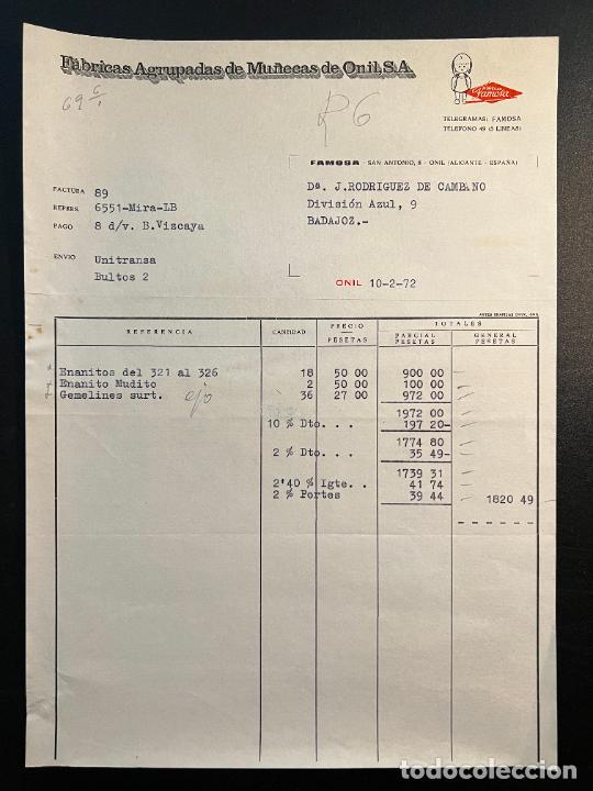 Jouets Anciens: FACTURA DE JUGUETES. FABRICA AGRUPADA DE MU&Ntilde;ECAS DE ONIL, SA. ONIL - ALICANTE, 1972
