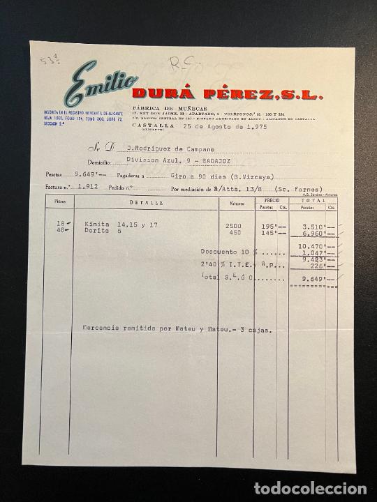Jouets Anciens: FACTURA DE JUGUETES. EMILIO DUR&Aacute; P&Eacute;REZ. F&Aacute;BRICA DE MU&Ntilde;ECAS. CASTALLA - ALICANTE, 1975