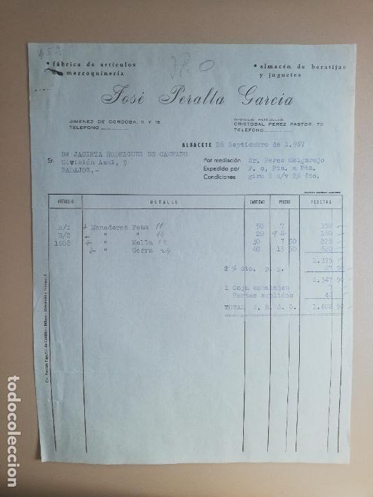 Old Toys: FACTURA DE JUGUETES. ALMACEN DE BARATIJAS Y JUGUETES. JOSE PERALTA GARCIA. ALBACETE, 1967.