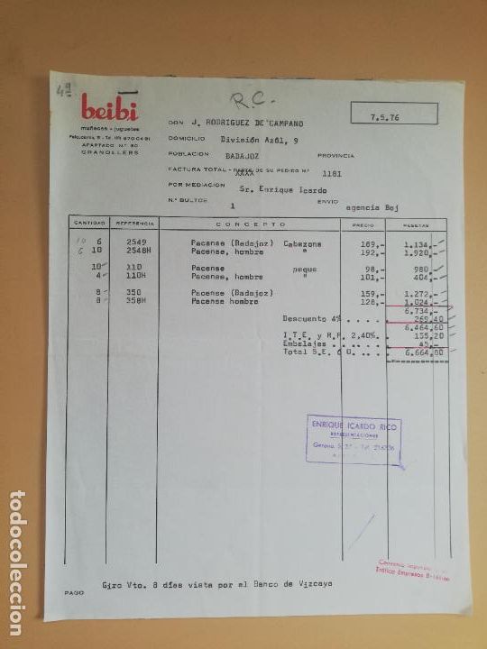 Brinquedos antigos: FACTURA DE JUGUETES. MU&Ntilde;ECAS-JUGUETES BEIBI. GRANOLLERS, BARCELONA, 1976.