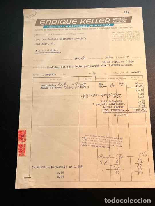 Brinquedos antigos: FACTURA DE JUGUETES. ENRIQUE KELLER. F&Aacute;BRICA DE ART&Iacute;CULOS DE MADERA. ZARAUZ - GUIPUZCOA, 1950