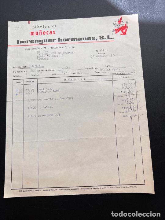 Old Toys: FACTURA DE JUGUETES. F&Aacute;BRICA DE MU&Ntilde;ECAS. BERENGUER HNOS., S.L. ONIL - ALICANTE, 1964