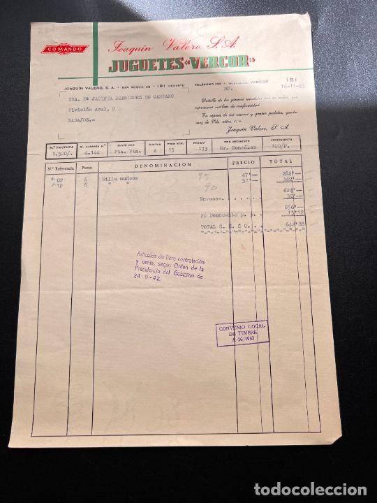 Old Toys: FACTURA DE JUGUETES. JUGUETES VERCOR. JOQU&Iacute;N VALERO. MARCA COMANDO. IBI - ALICANTE, 1963