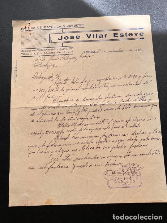 Old Toys: CARTA COMERCIAL. JOS&Eacute; VILAR ESTEVE. F&Aacute;BRICA DE MAY&Oacute;LICA Y JUGUETES. MANISES, 1944