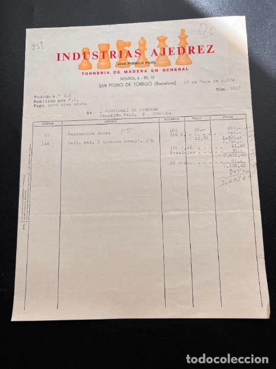 Jouets Anciens: FACTURA DE JUGUETES. INDUSTRIAS AJEDREZ. JOSE FURNOLS. TORNERIA DE MADERA. SAN PEDRO DE TORELLO,1974
