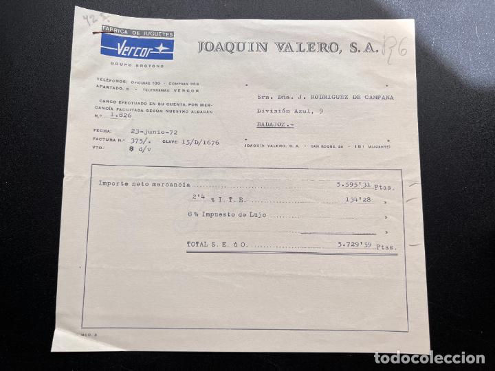 Jouets Anciens: FACTURA DE JUGUETES. JOAQUIN VALERO. VECCOR. F&Aacute;BRICA DE JUGUETES. IBI - ALICANTE, 1972