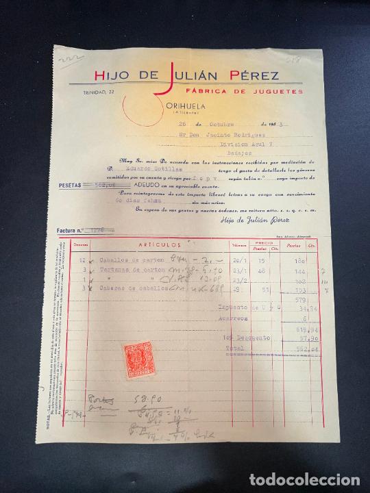 Jouets Anciens: FACTURA DE JUGUETES. HIJO DE JULI&Aacute;N P&Eacute;REZ. F&Aacute;BRICA DE JUGUETES. ORIHUELA - ALICANTE, 1953
