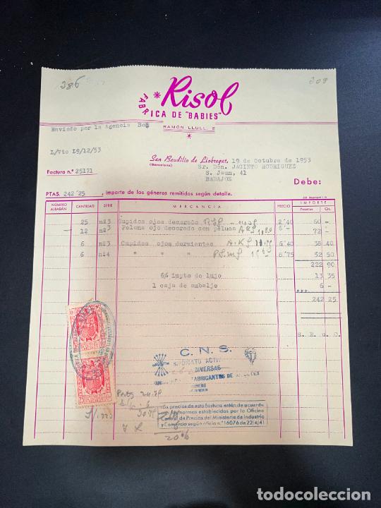 Jouets Anciens: FACTURA DE JUGUETES. RISOL. F&Aacute;BRICA DE BABIES. SAN BAUDILIO DE LLOBREGAT - BARCELONA, 1953