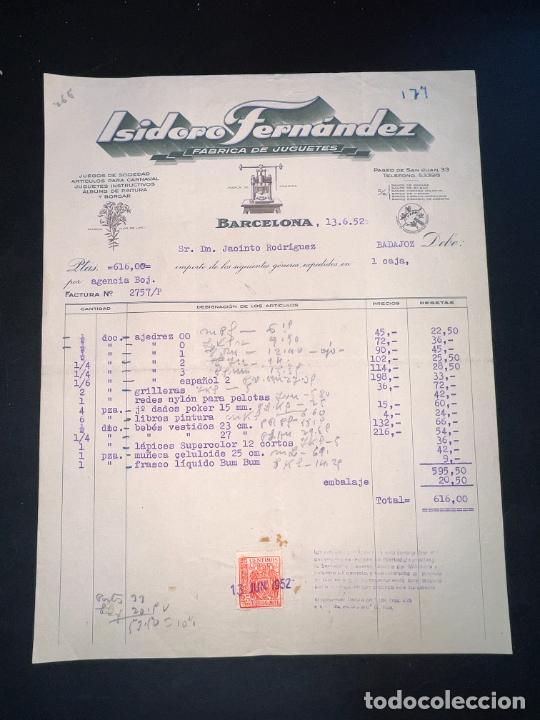 Juguetes antiguos: FACTURA DE JUGUETES. ISIDORO FERN&Aacute;NDEZ. F&Aacute;BRICA DE JUGUETES. BARCELONA, 1952
