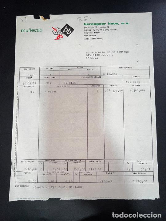 Jouets Anciens: FACTURA DE JUGUETES. MU&Ntilde;ECAS BB. BERENGUER HNOS, S.A. MI-BEBE.ONIL - ALICANTE, 1977