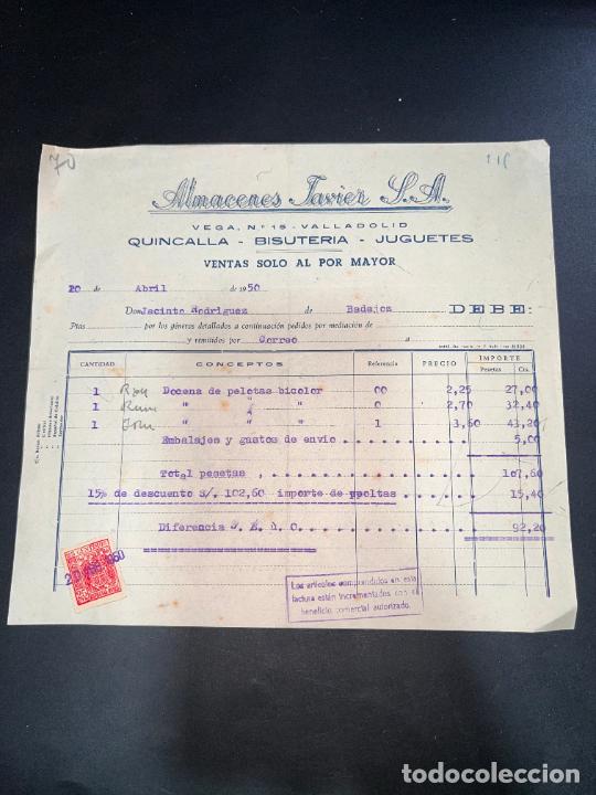 Jouets Anciens: FACTURA DE JUGUETES. ALMACENES JAVIER S.A. QUINCALLA,BISUTERIA,JUGUETES. VALLADOLID, 1950