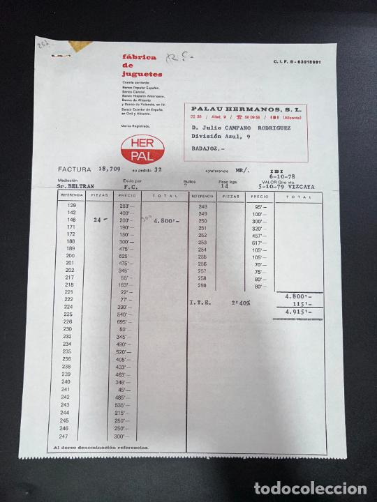 Old Toys: FACTURA. PALAU HERMANOS, S.A. F&Aacute;BRICA DE JUGUETES. HER PAL. IBI - ALICANTE, 1978