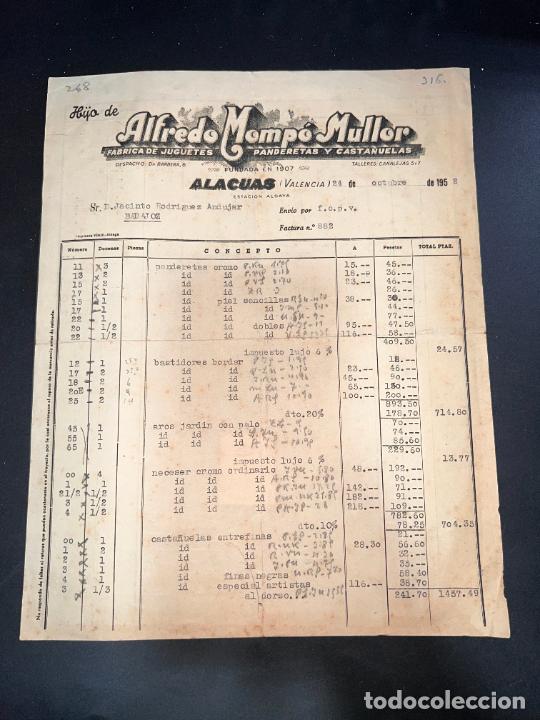 Juguetes antiguos: FACTURA. HIJO DE ALFREDO MOMP&Oacute; MULLOR. F&Aacute;BRICA DE JUGUETES. ALACUAS - VALENCIA, 1952