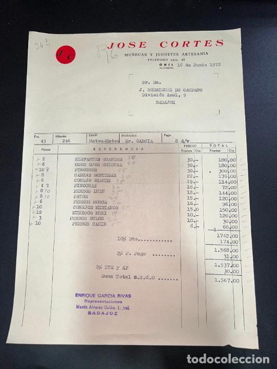 Juguetes antiguos: FACTURA DE JUGUETES. JOSE CORTES. MU&Ntilde;ECAS Y JUGUETES ARTESANIA. ONIL - ALICANTE, 1972