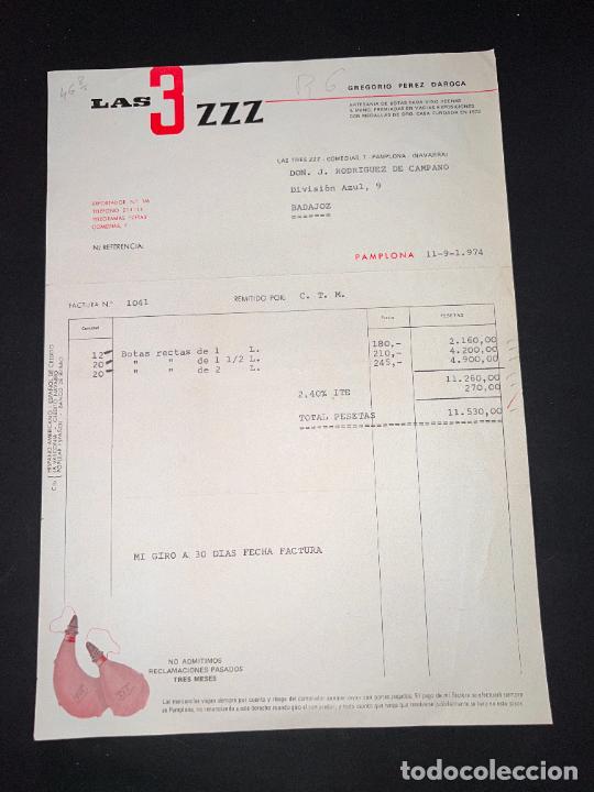 Juguetes antiguos: FACTURA. LAS 3 ZZZ. GREGORIO PEREZ DAROCA. ARTESANIA DE BOTAS PARA VINOS. PAMPLONA, 1974